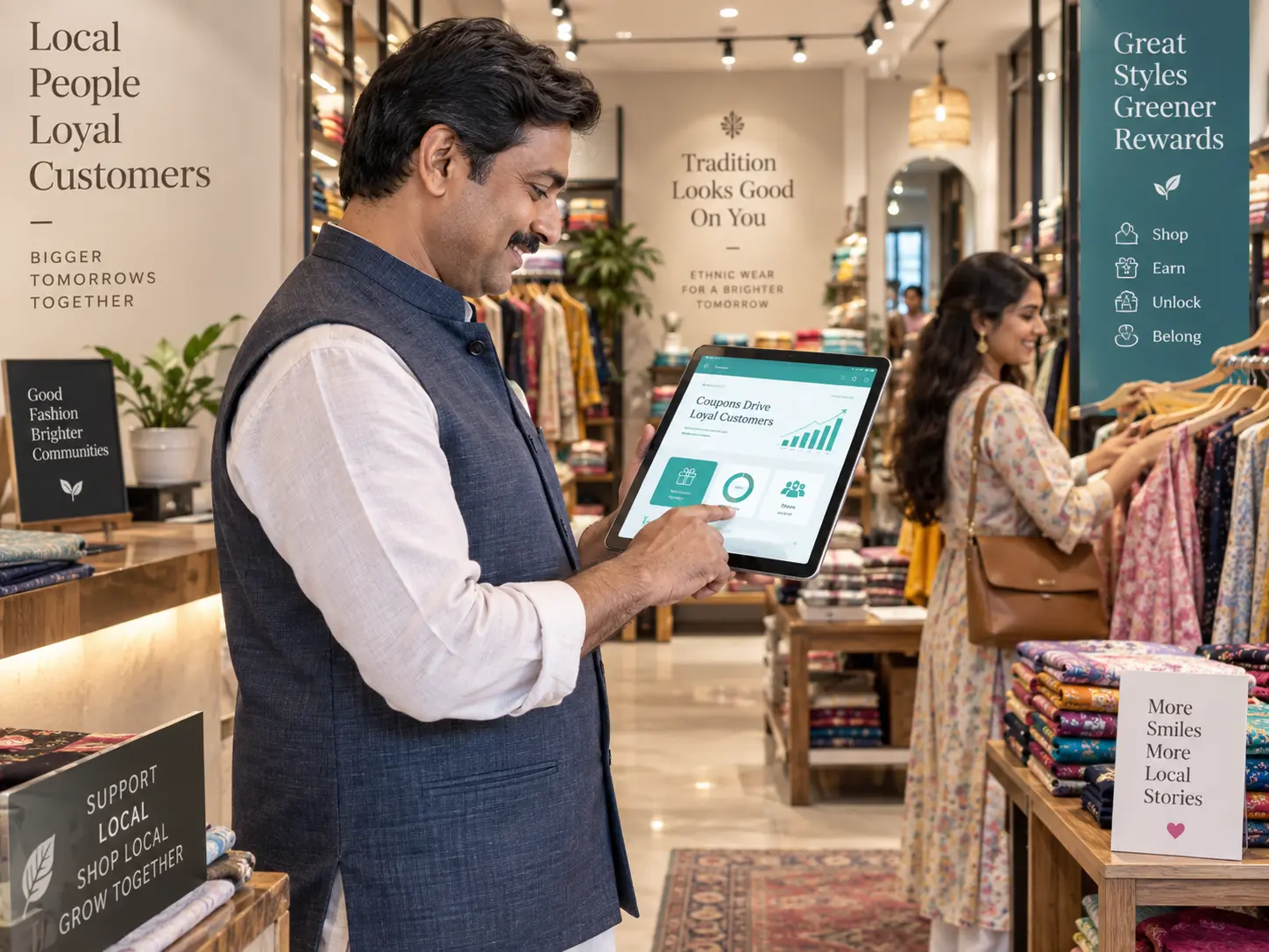 A textile retailer viewing a coupon performance dashboard inside a local clothing store