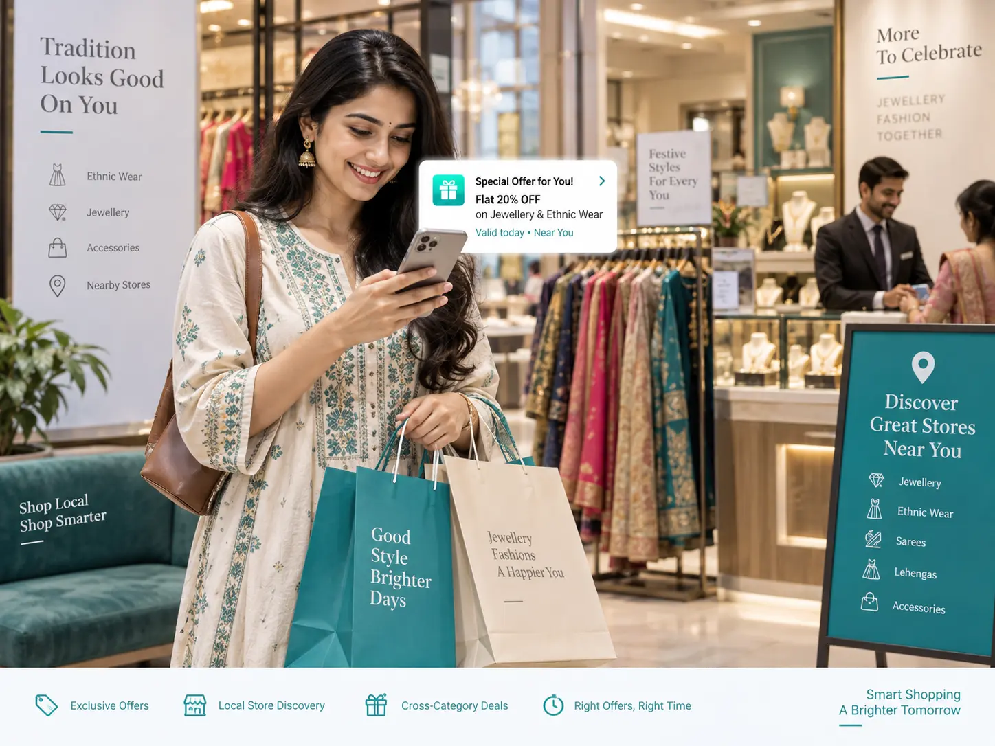 A shopper receiving a local retail discount notification on a mobile phone inside a fashion and jewellery shopping environment