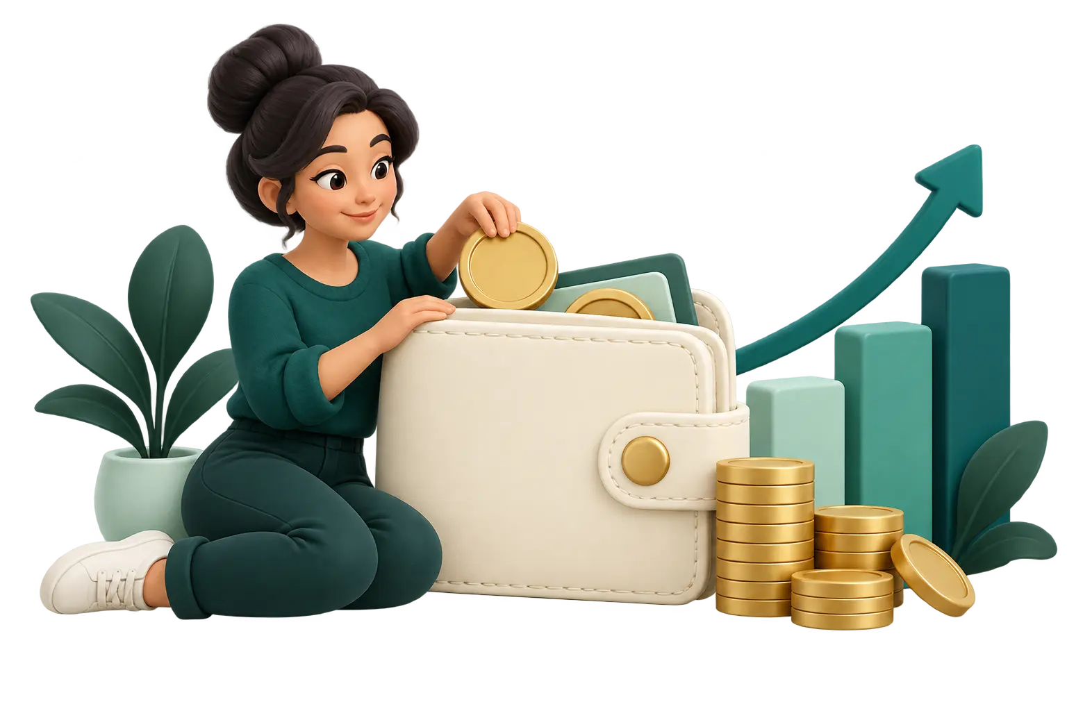 Organizing savings with a wallet and growing savings chart