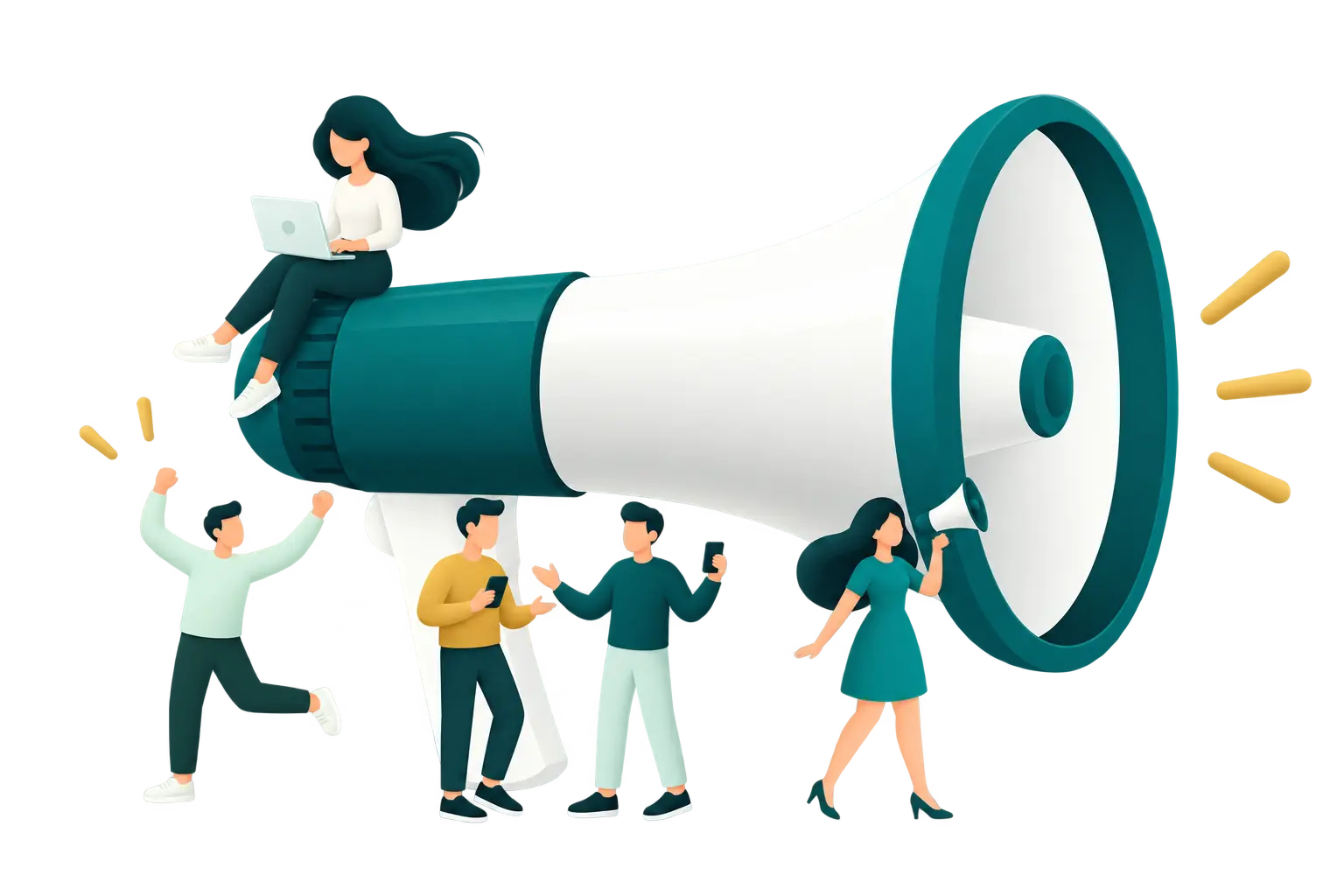 Friends sharing news around a teal megaphone