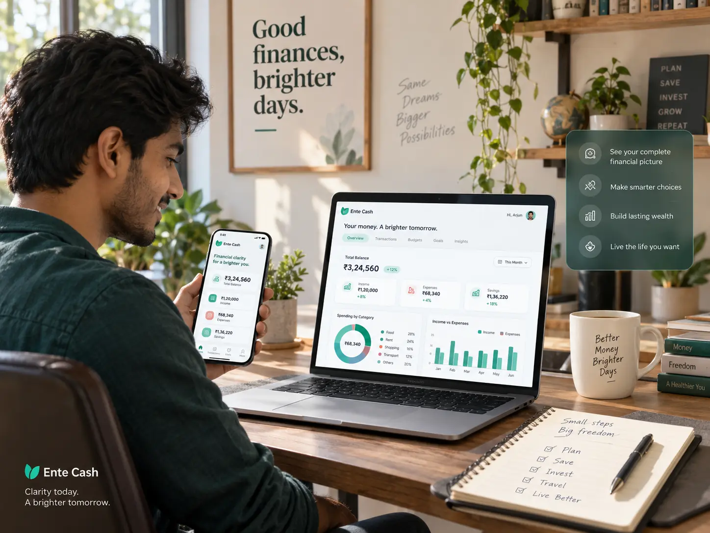 A user viewing the Ente Cash dashboard on laptop and phone for financial clarity