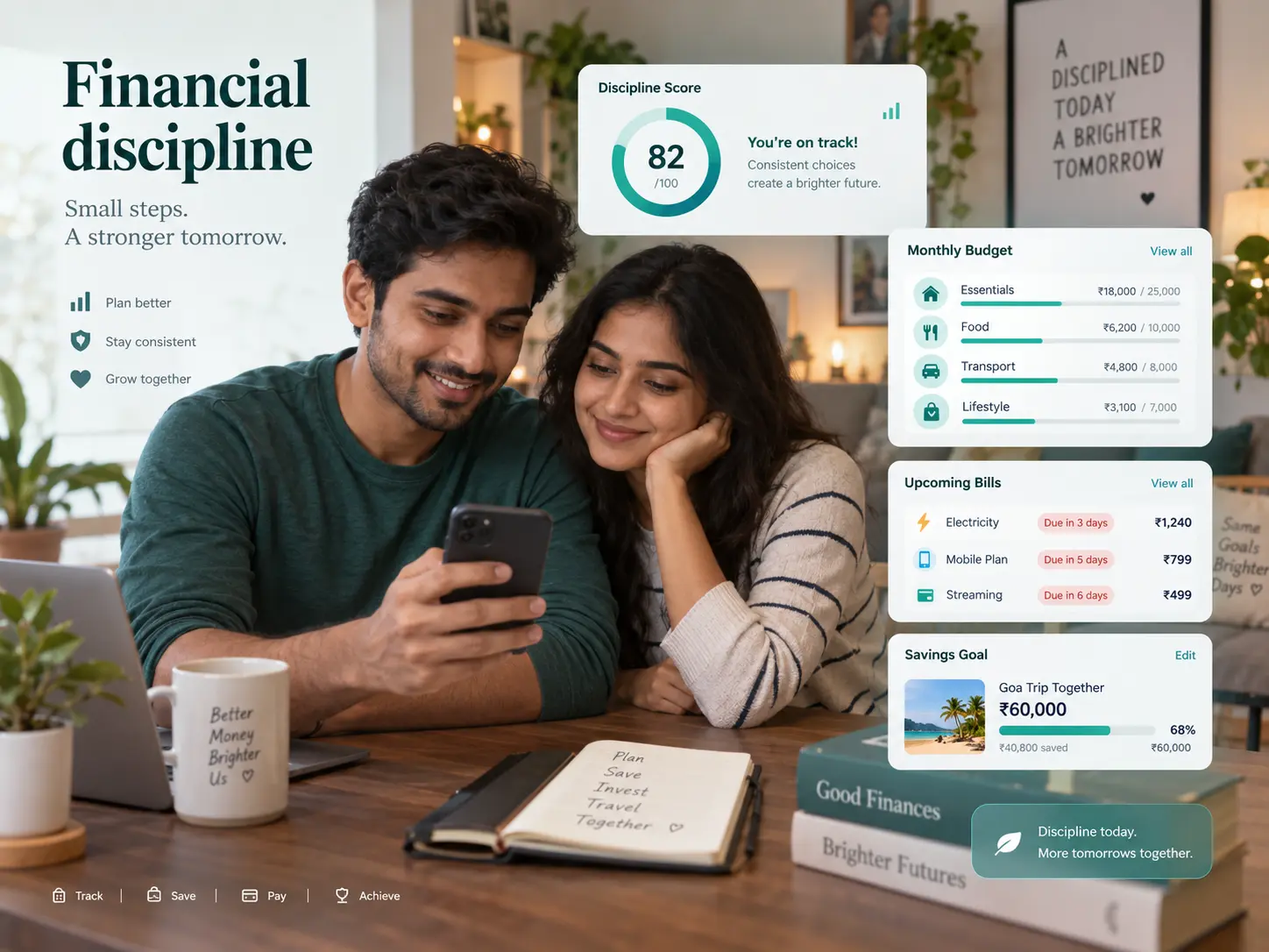 A couple using Ente Cash with budgeting, discipline score and reminders