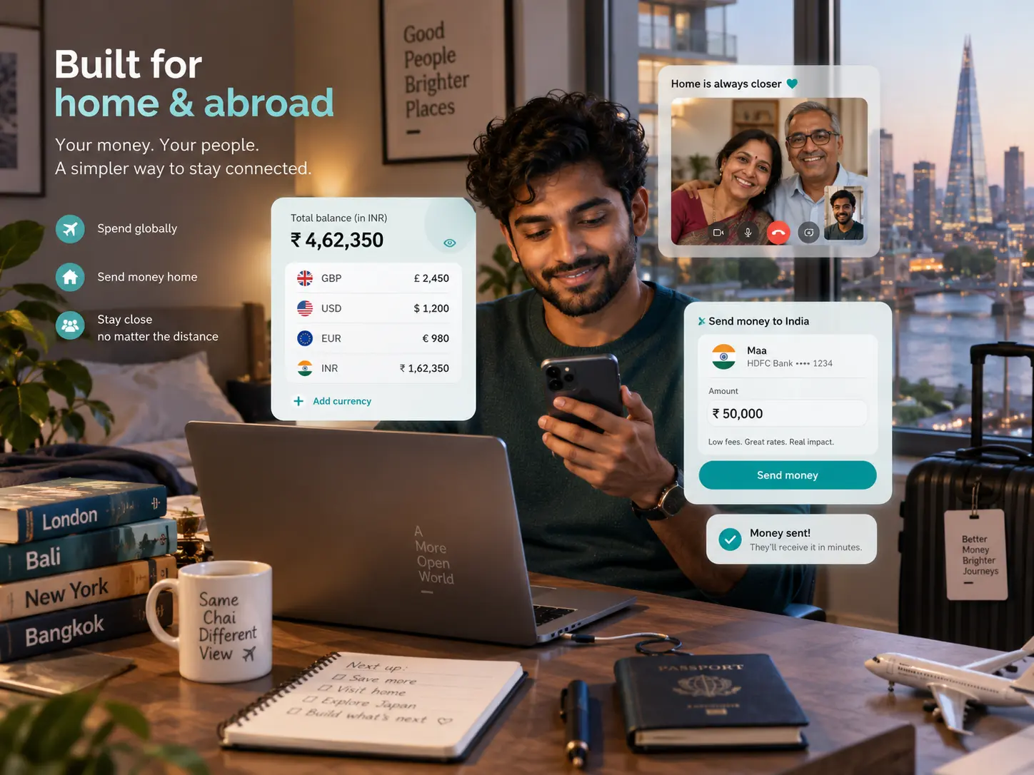 An NRI user managing money abroad while staying connected to family in India