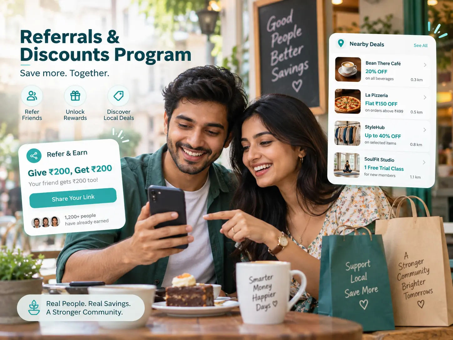 A couple using Ente Cash referrals and local discounts on a mobile phone